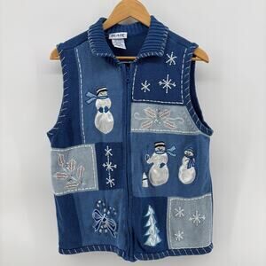 Vintage Cardigan Sweater Vest Full Zip Medium Snowman Winter Scene Snow